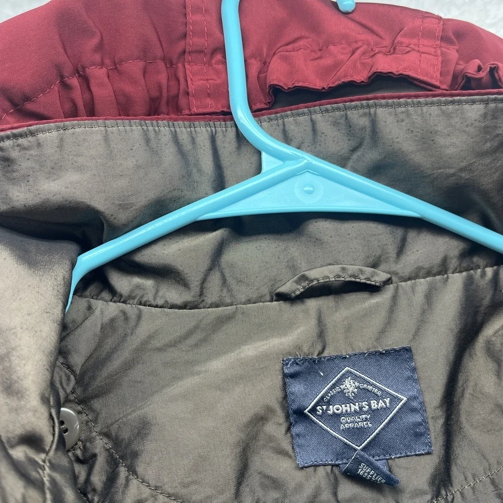 St Johns Bay Jacket Womens Small Red Pockets Full Zip Button Hooded Chore Preppy